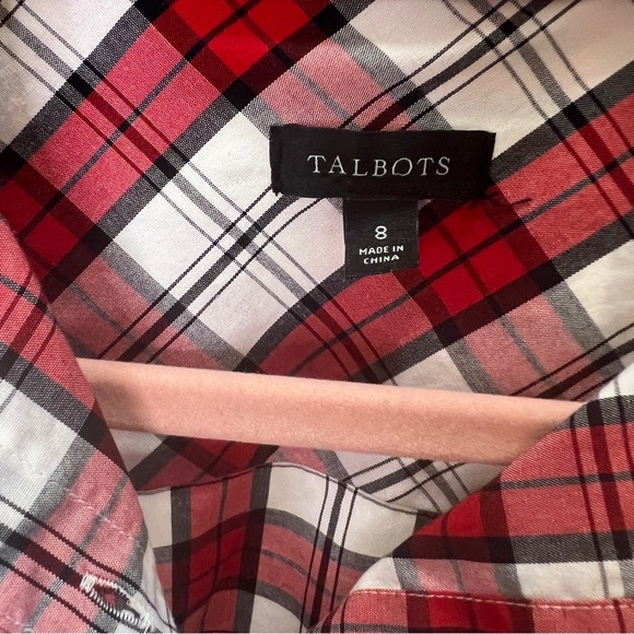 Talbots Button Down Shirt Red White Black Plaid w/ Silver Buttons size 8 - Picture 2 of 7